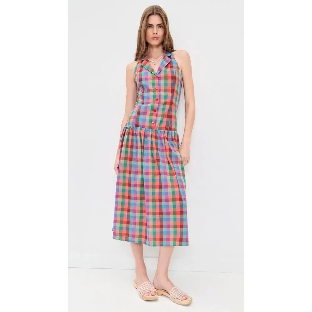 NWT Lisa Says Gah Vaughn Midi Dress Colorburst Plaid Halter Smocked Back L - Picture 5 of 11